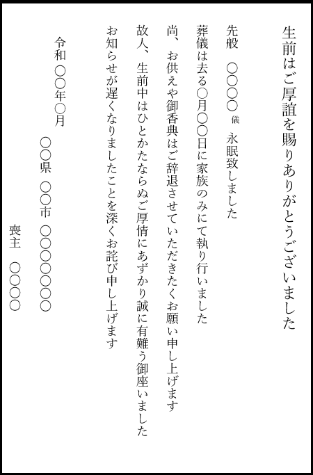 家族 葬 後 の 挨拶 状 例文